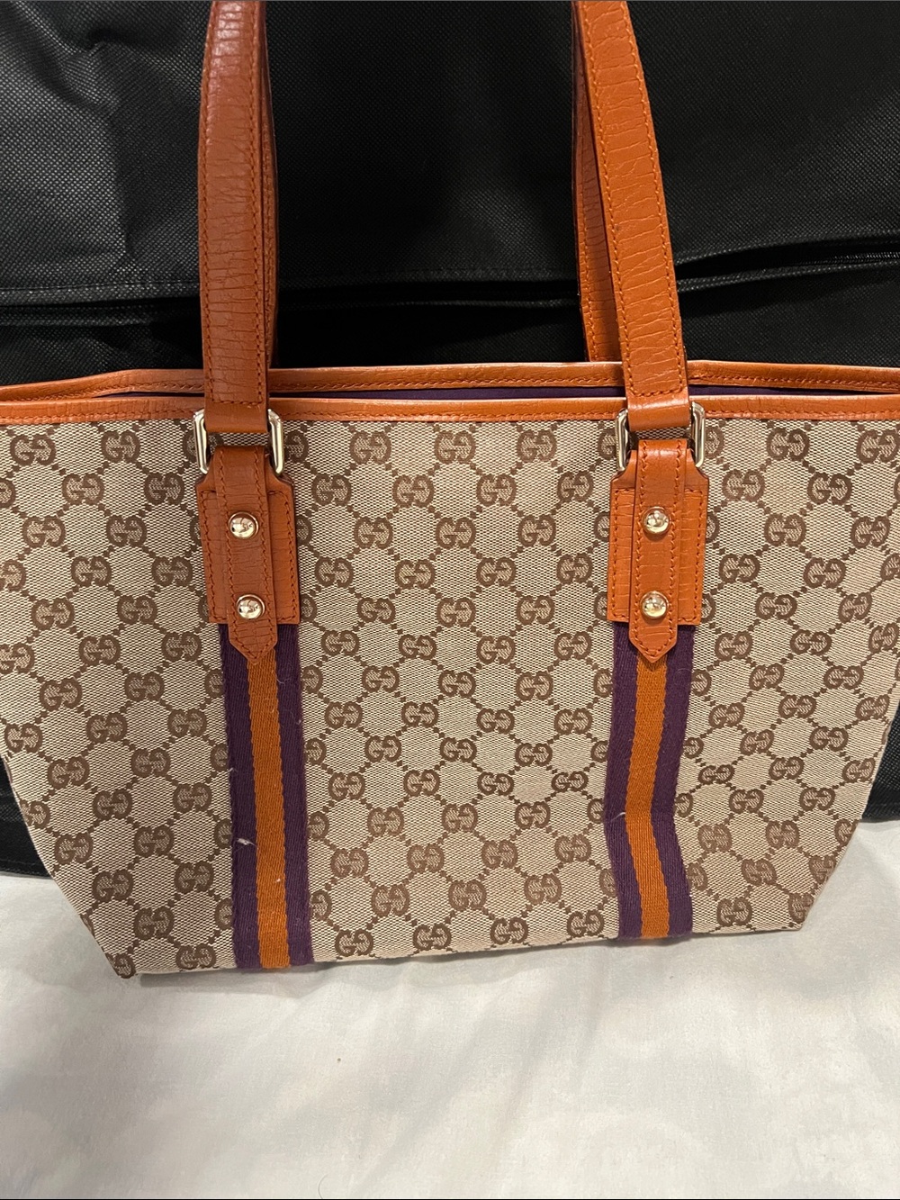 Gucci Beige GG Canvas Tote with Orange Leather Handles and Purple/Orange Stripes - Picture 9 of 11
